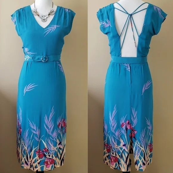 Vintage Turquoise Bird Iris Strapy Back Sheath Midi Dress Cap Sleeve Size Small - Picture 1 of 13